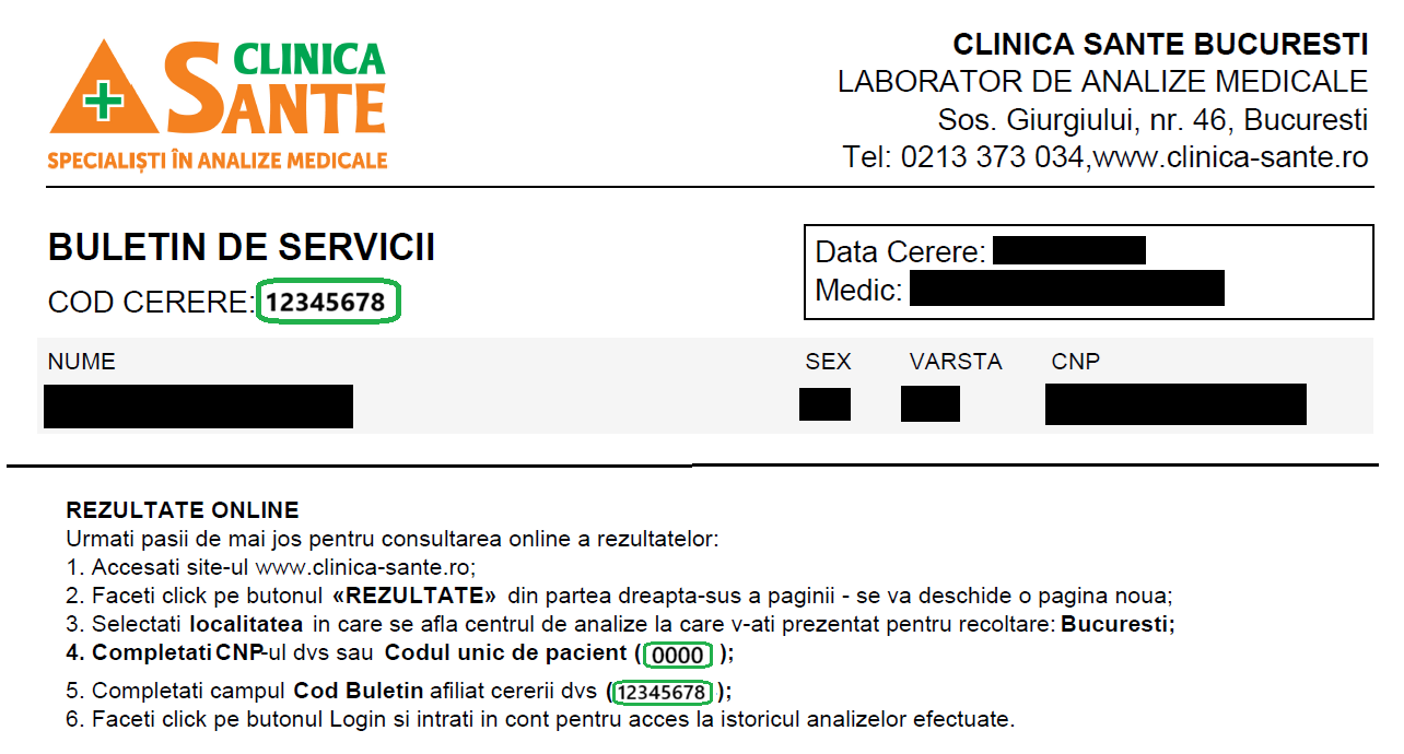 Model de buletin de servicii cu date fictive; CNP-ul sau codul de pacient și codul cererii sunt evidențiate.