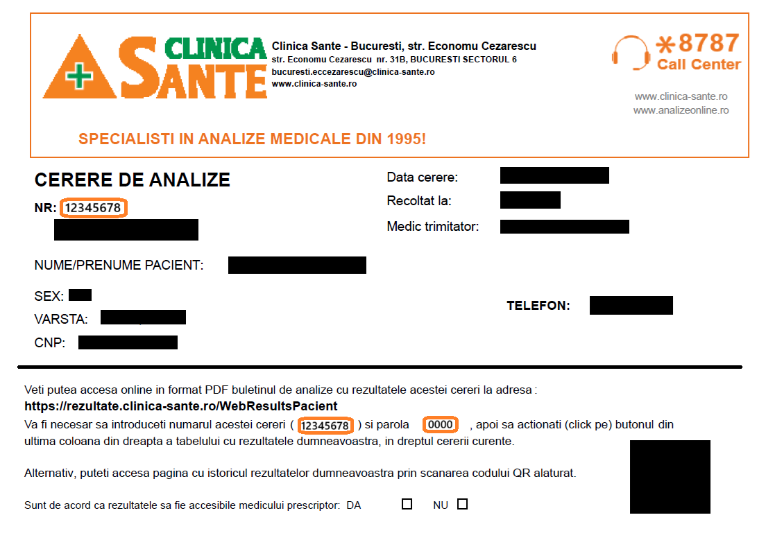 Model de cerere de analize cu date fictive; numărul cererii și parola sunt evidențiate.